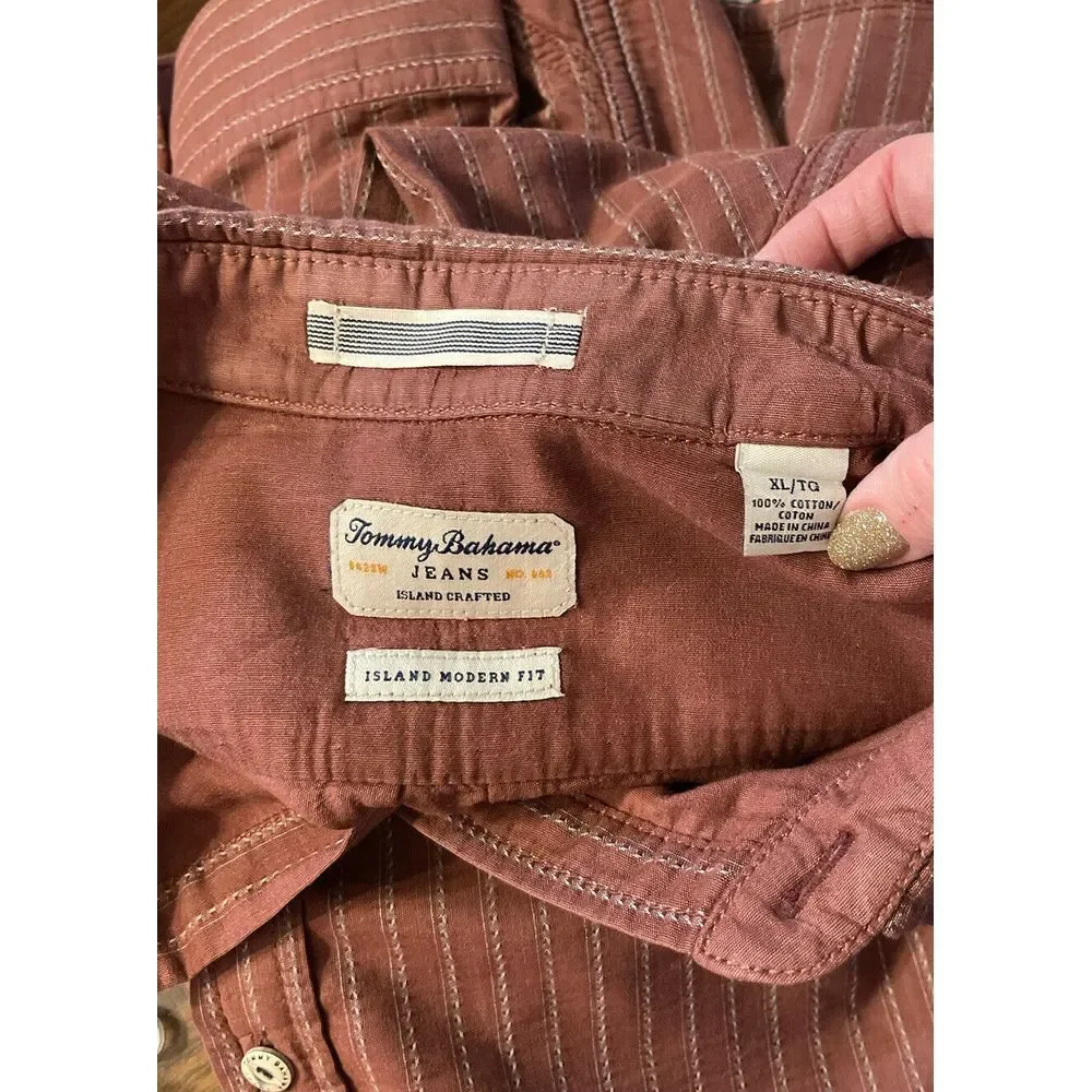 Tommy Bahama Island‎ Modern Fit Men's XL Brown Stripped Long Sleeve Button Shirt